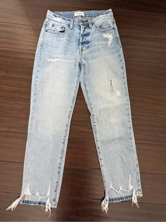 pistola Denim - Pistola High Rise Straight Jeans light wash distressed raw hem 24